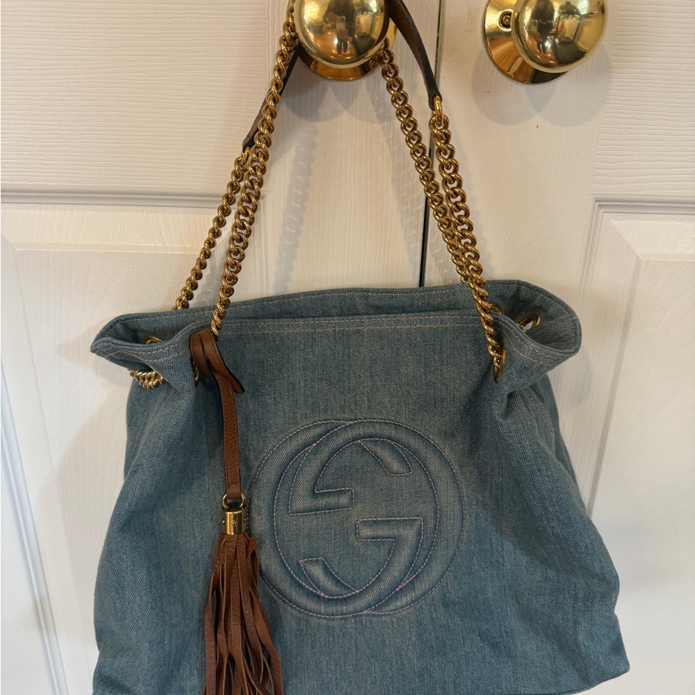 Gucci Blue Denim Shoulder Bag with Gold Chains - Authentic - Picture 6 of 9